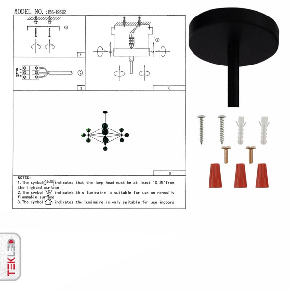 User manual for Molecule Shape Black Rod Metal Amber Glass Globe Chandelier with 13xE27 Fitting | TEKLED 156-19502
