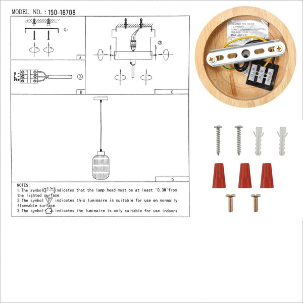 User manual for Sawyer Ribbed Fluted Reeded Maloto Lantern Opal Glass Pendant Ceiling Light E27 Wood Top | TEKLED 150-18708