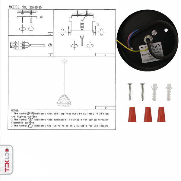 User manual for Smoky Glass Dome Black Metal Cage Pendant Light with E27 Fitting | TEKLED 156-19480