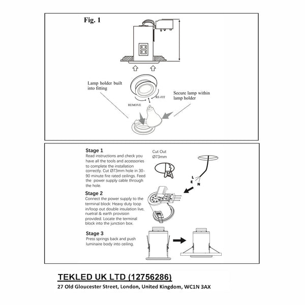User manual for Tilt Pressed Steel Fire Rated Downlight Satin Nickel IP20 GU10 | TEKLED 143-03722