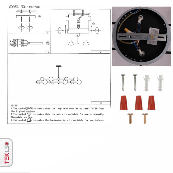 User manual for White Globe Glass Black Rod Body Semi Flush Ceiling Light 3-1 with 8xG9 Fitting | TEKLED 159-17546