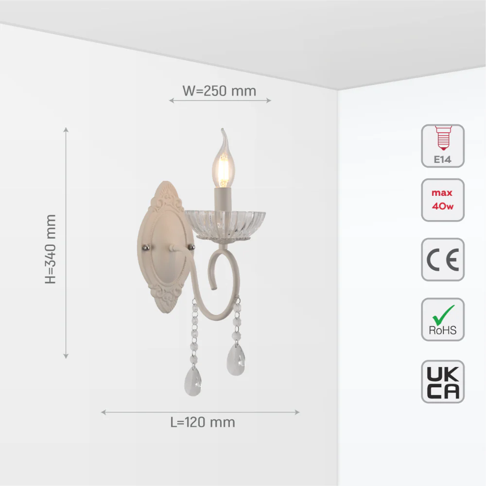 Size and tech specs of Vintage Metal & Glass Candle Wall Light | TEKLED 151-19924