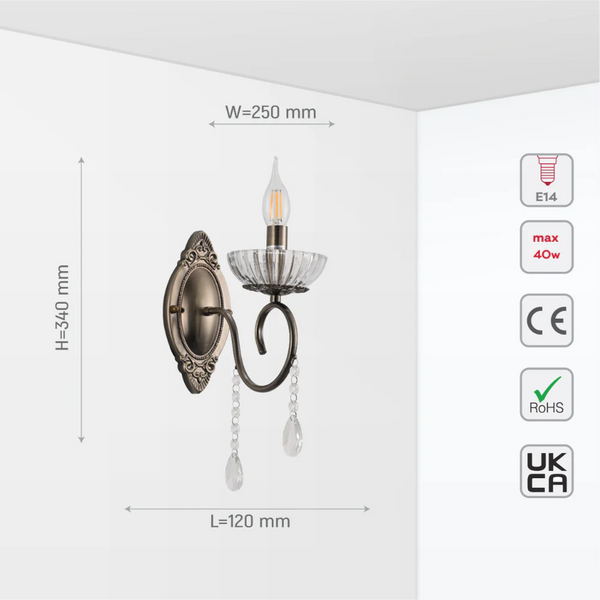 Size and tech specs of Vintage Metal & Glass Candle Wall Light | TEKLED 151-19926
